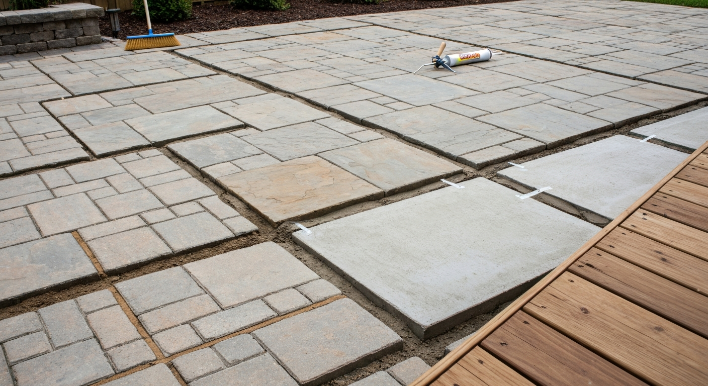 Patio showing pavers with polymeric sand, flagstone with mortar, concrete control joint with sealant, and deck joint with flexible filler.