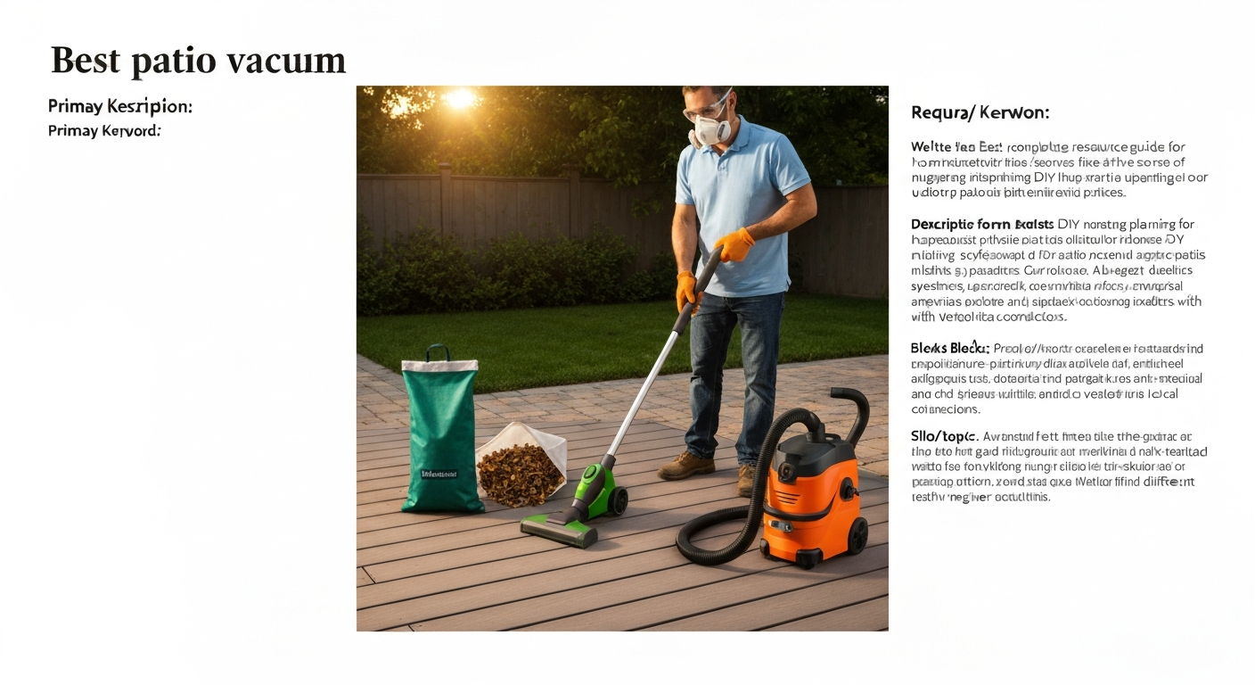 Person using a lightweight patio vacuum on a deck with a filled mulch bag and a wet/dry vacuum on nearby pavers; no visible logos.