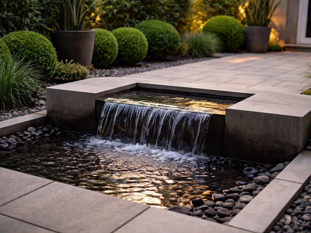 Modern patio basin water feature with cascading water and minimal landscaped greenery around it.