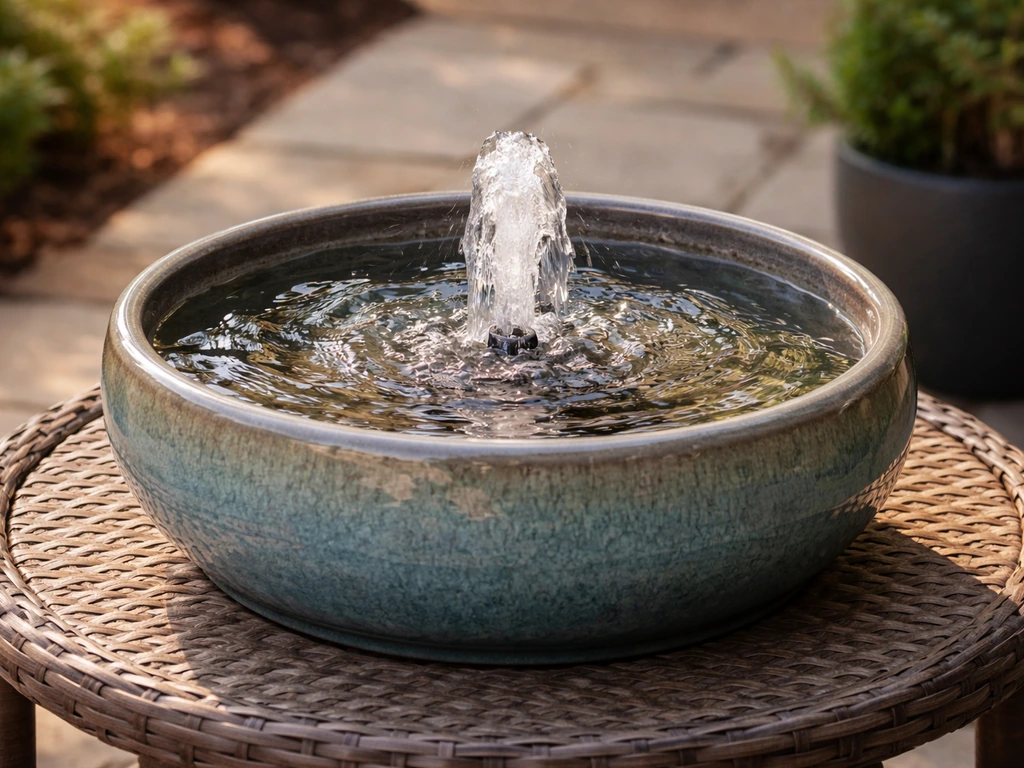 Tabletop bubbling fountain on a patio side table with visible recirculating water action.