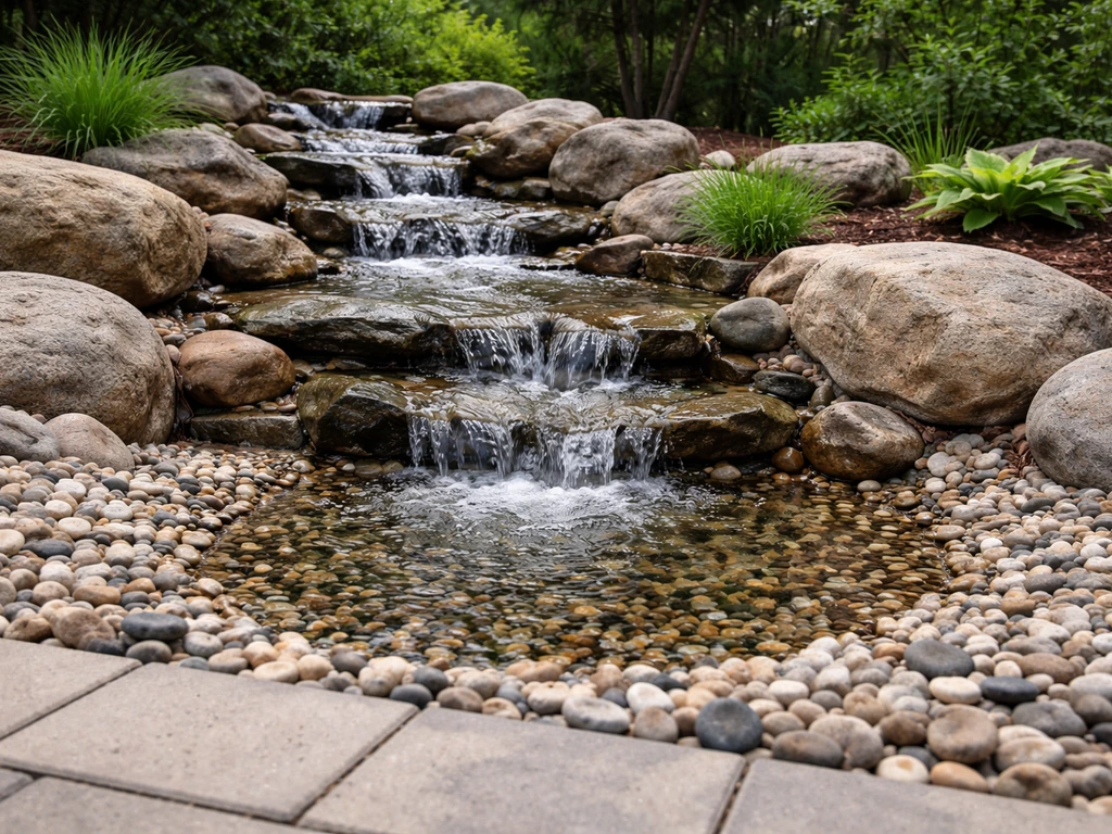 Pondless waterfall on a patio, water running over rocks and disappearing into an underground reservoir.
