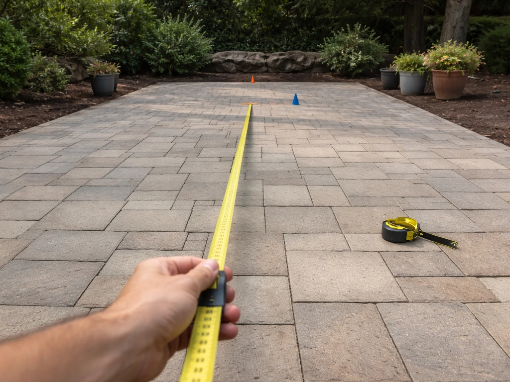 Person measuring patio for fountain placement with tape and a marked spot near pavers.