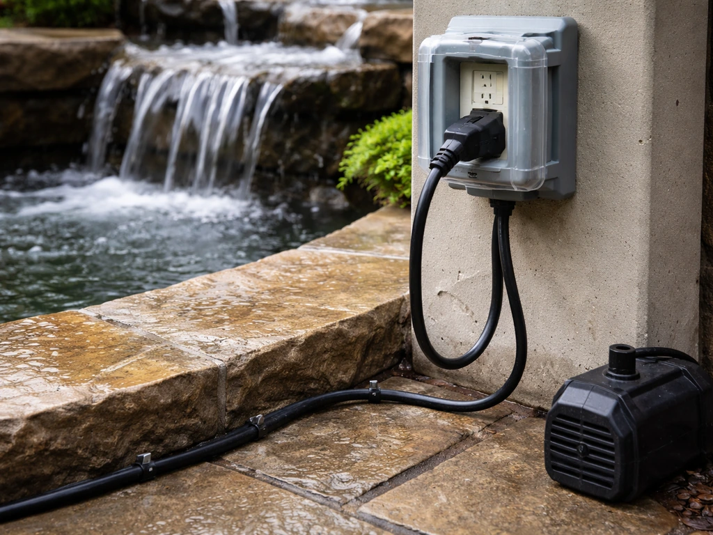 Outdoor GFCI outlet with a power cord routed safely along a patio near a recirculating water feature basin.