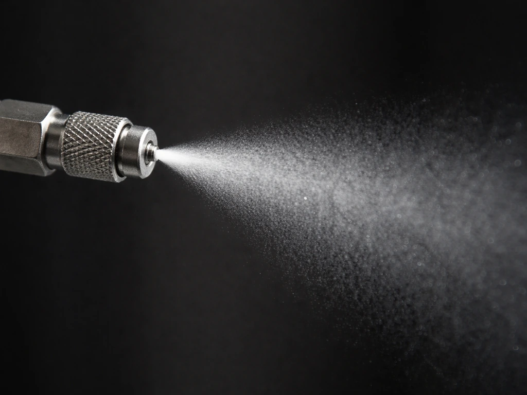 Close-up of a misting nozzle releasing fine droplets into a small visible spray mist.