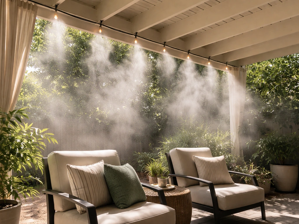 Covered patio with an active misting line creating a visible cooling mist over outdoor seating.
