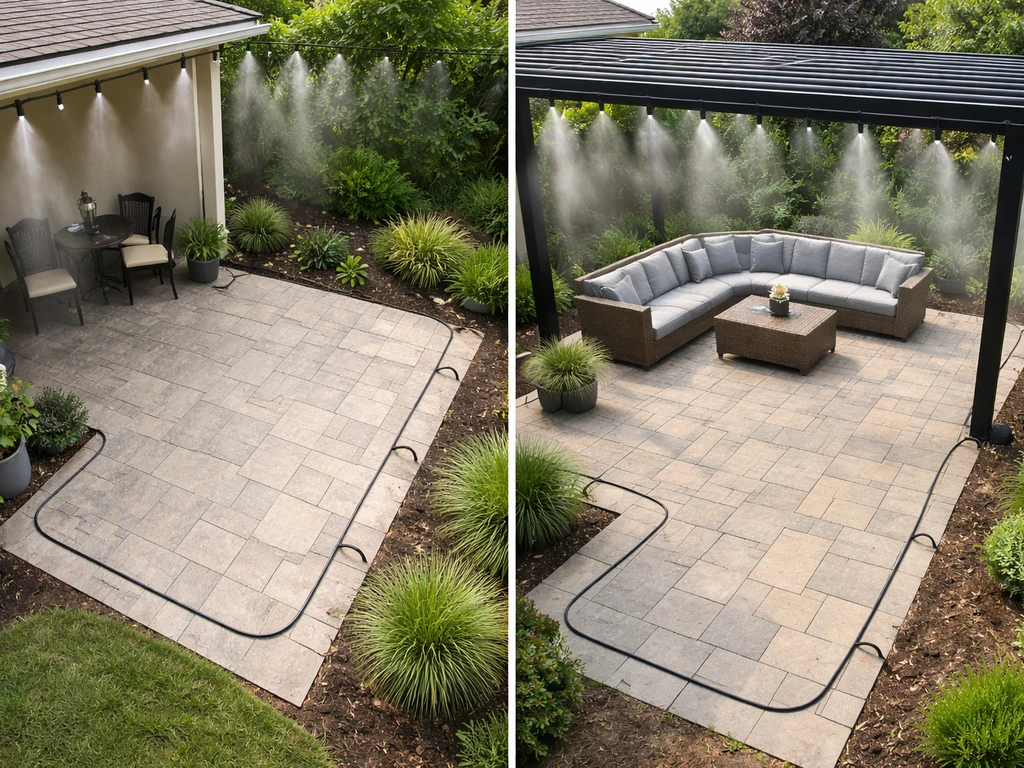 Overhead view of two patio misting layouts showing tube routing and evenly spaced nozzles for small vs larger areas.