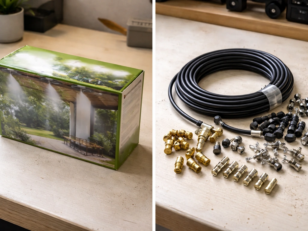 Side-by-side boxed misting kit and DIY misting components laid out on a workbench.