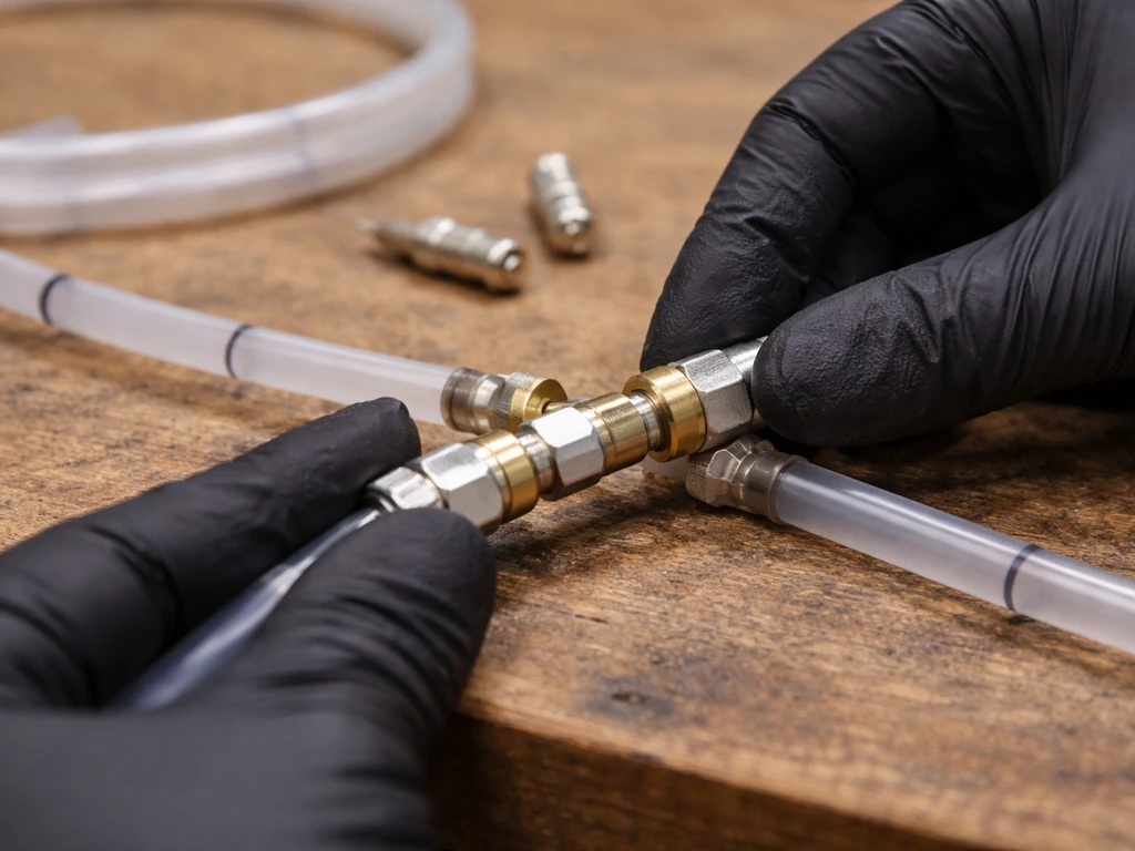 Close-up of labeled nylon tubing with brass misting nozzles being fitted using compression fittings
