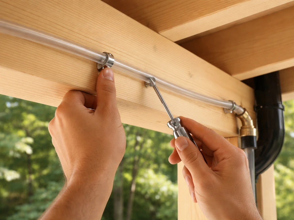 Hand securing patio misting tubing to pergola roofline with a clamp near a downspout.
