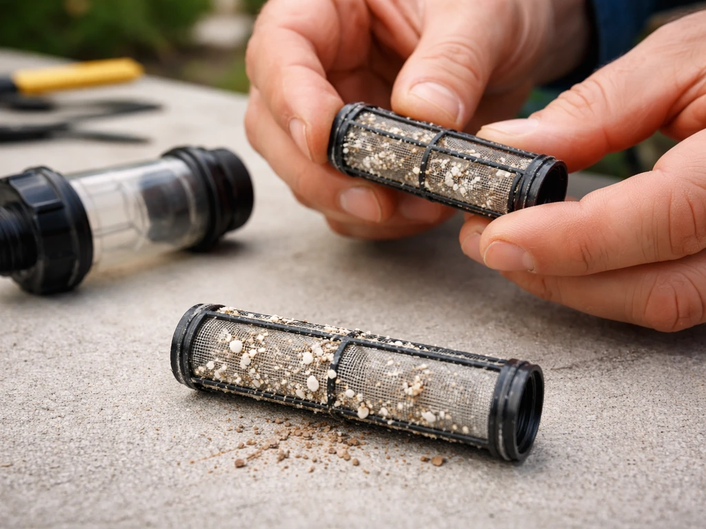 Close-up of an inline misting filter screen removed from its housing with visible scale and debris