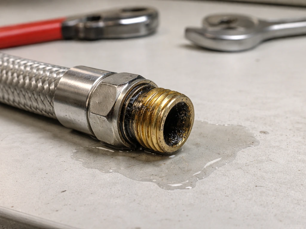 Close-up of a plumbing nozzle fitting with tubing removed and mineral buildup suggesting a leak or clog.