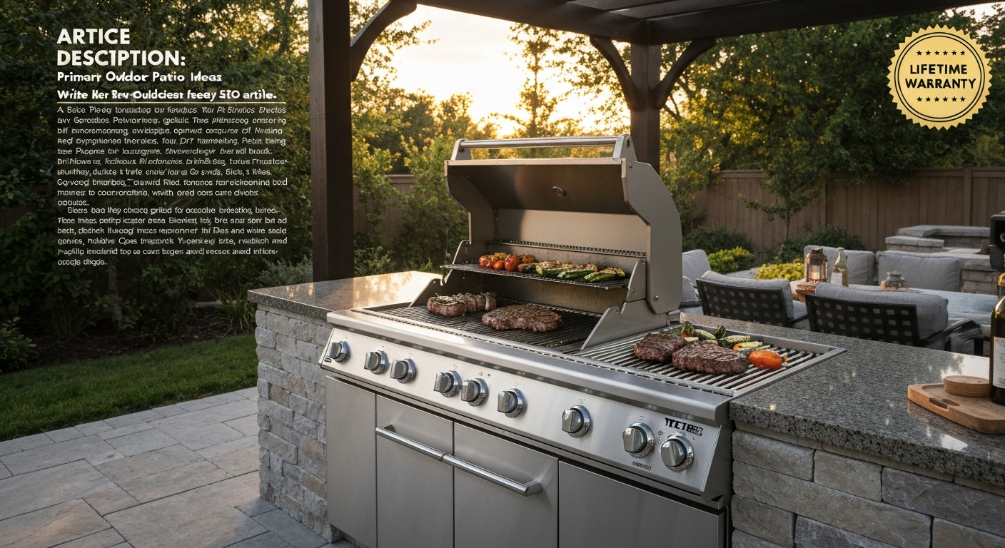 44-inch TEC Patio FR stainless-steel infrared grill on a backyard island with open hood and glowing burners