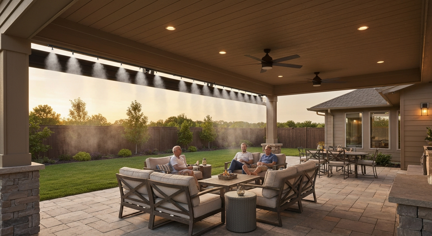 Covered patio at sunset with a ceiling-mounted misting system creating a fine cooling fog over the seating area.