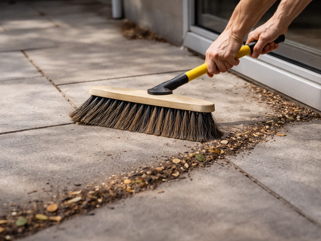 Hands sweeping debris from a patio corner toward an edge collection line near an exit.