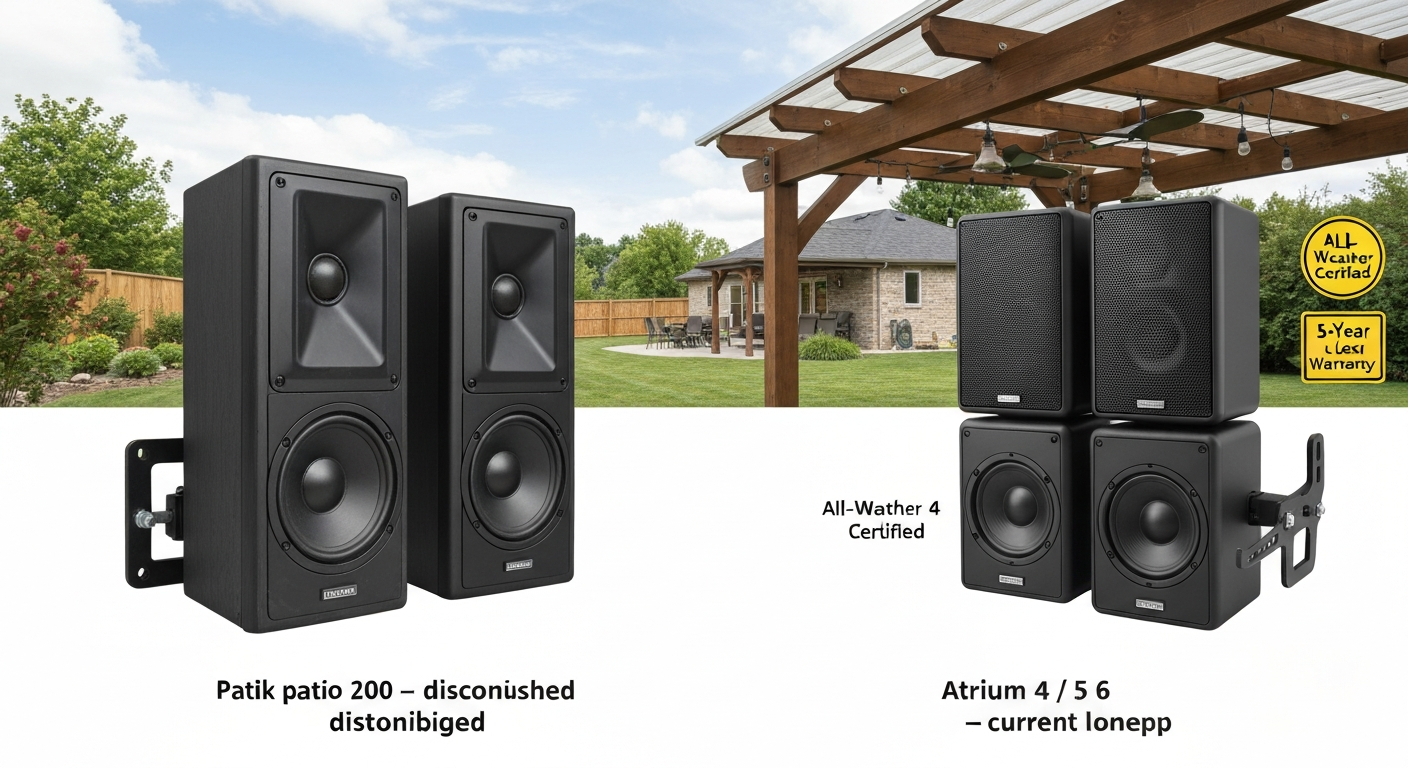 Side-by-side comparison: older Patio 200 outdoor speaker (discontinued) with older bracket on left, and three modern Atrium speakers (Atrium 4, 5, 6) with Speed-Lock bracket and badges for All-Weather Certified and 5-year warranty on a covered patio background.