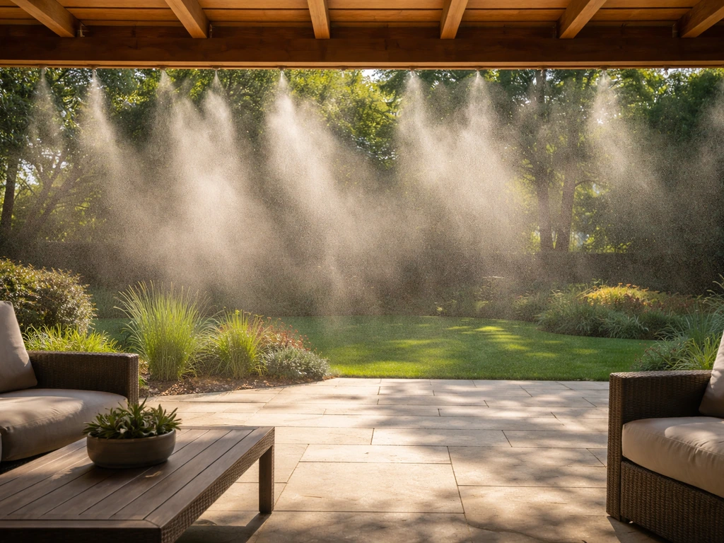 Sunlit patio with a fine misting curtain along a pergola edge for evaporative cooling
