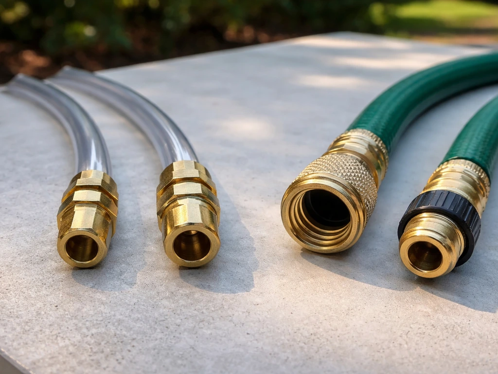 Side-by-side photo of poly tubing with compression fittings and a garden-hose connection for misting systems