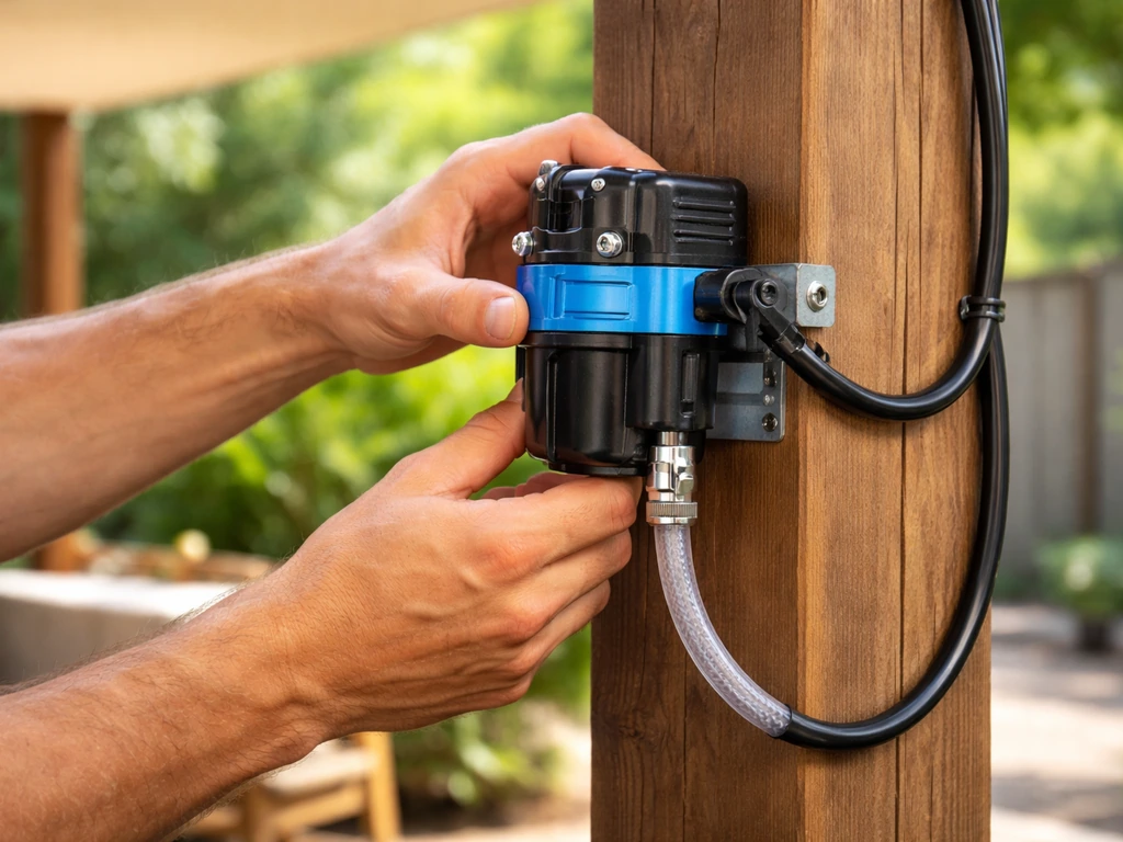 Anonymous hands mounting a pump-based misting kit on a post and connecting the inlet hose and tubing.