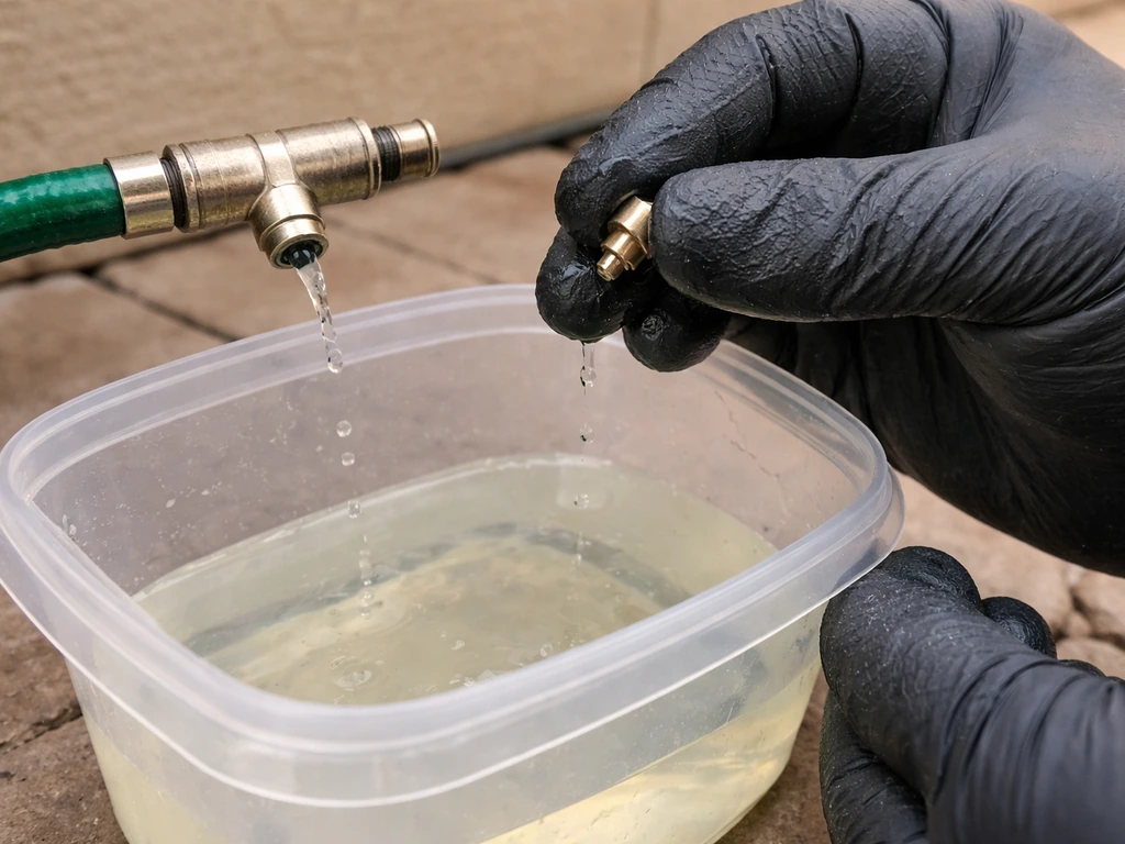 Gloved hands cleaning a misting nozzle in a vinegar bath, with flushing lines nearby.