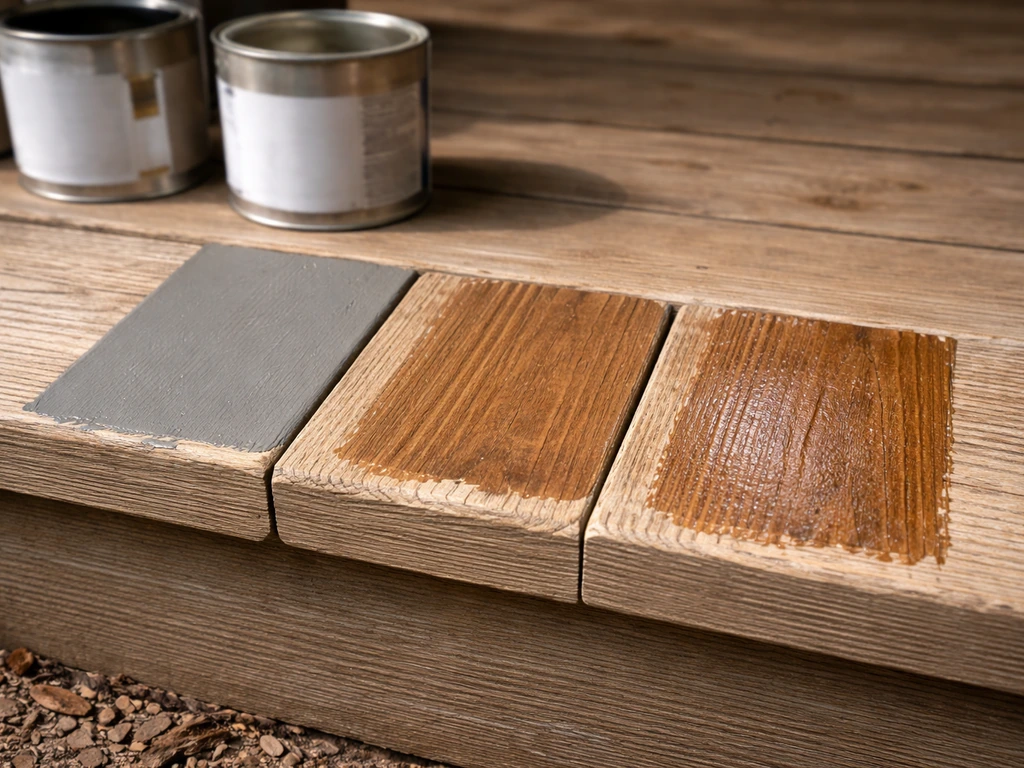 Three coating samples side-by-side on a wooden deck board: paint, stain, and deck coating finish.