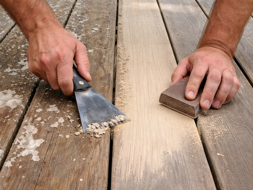 Worker scraping loose paint and sanding a deck surface, showing cleaned and feathered areas for priming.