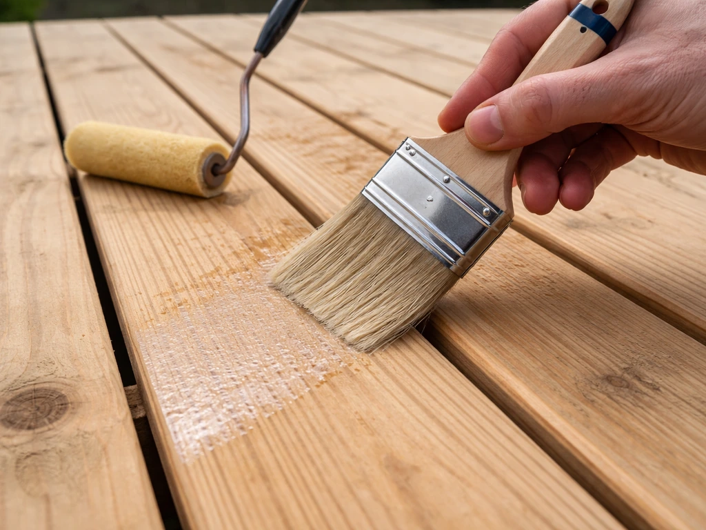 Person brushing primer into raw wood deck boards and seams on a patio floor