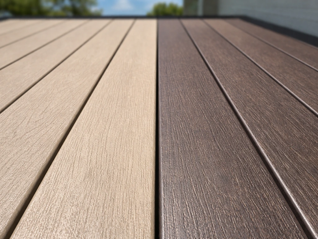 Deck boards in strong sun showing light and dark colors on a wooden surface outdoors