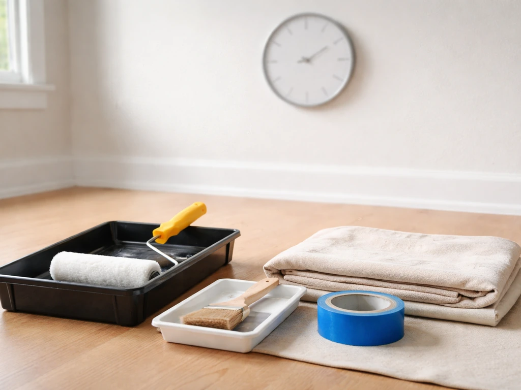 Tools and materials for applying a wall coating staged on a clean drop cloth beside painter’s tape.