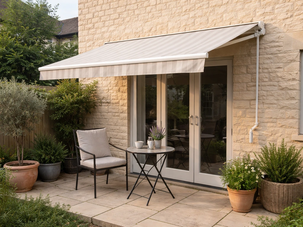 Wall-mounted manual folding-arm awning fully open over a quiet UK patio seating area with visible hand crank.