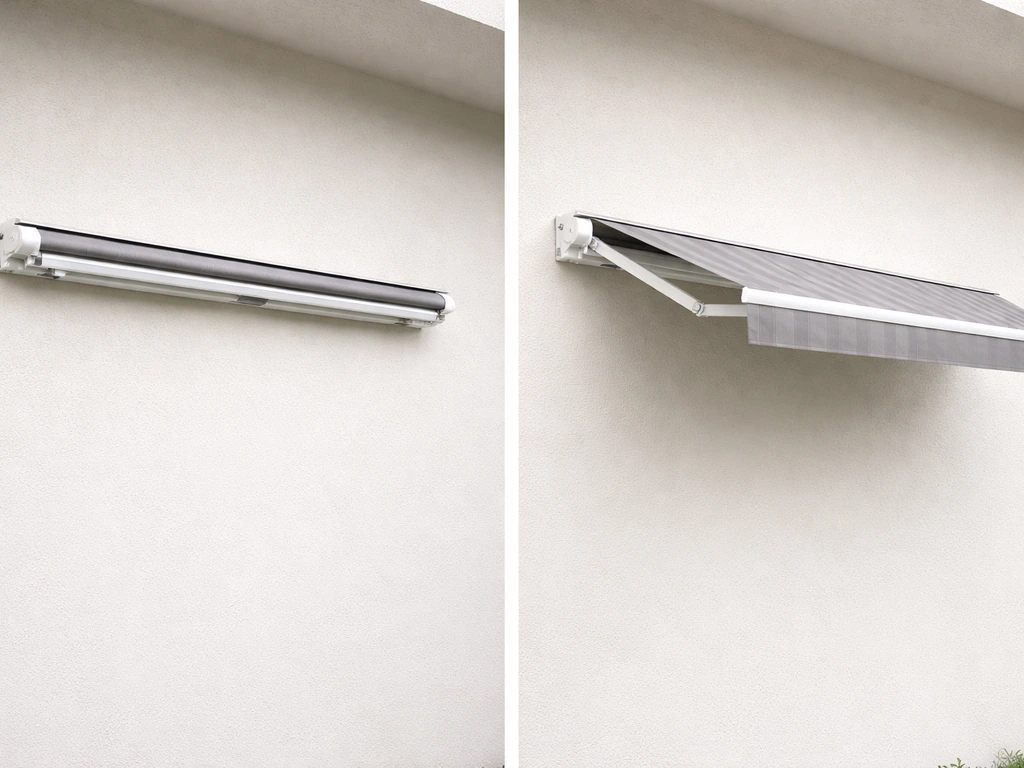 Side-by-side wall awnings showing manual folding arms and fabric in retracted vs opened positions.