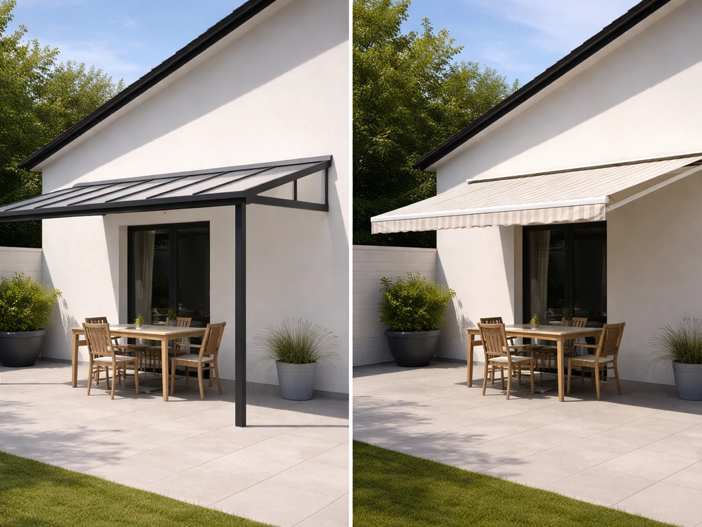 Split view of a fixed lean-to canopy and a partially extended retractable awning with visible arms.