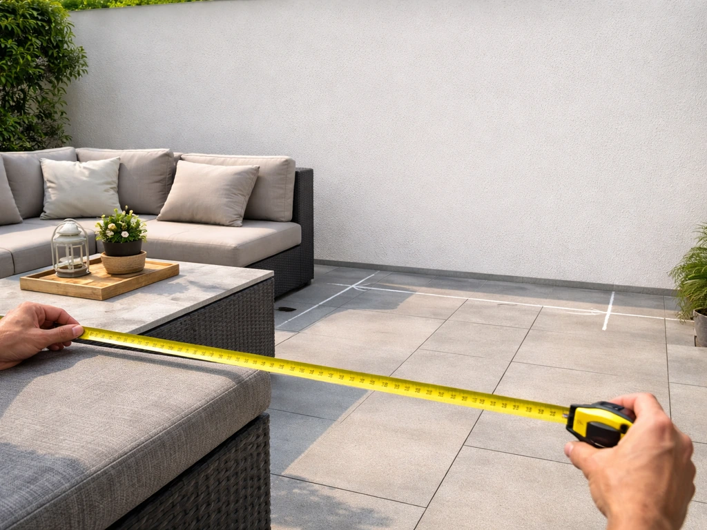 Hands holding a tape measure on a patio, with chalk marks showing extra awning overhang allowance.