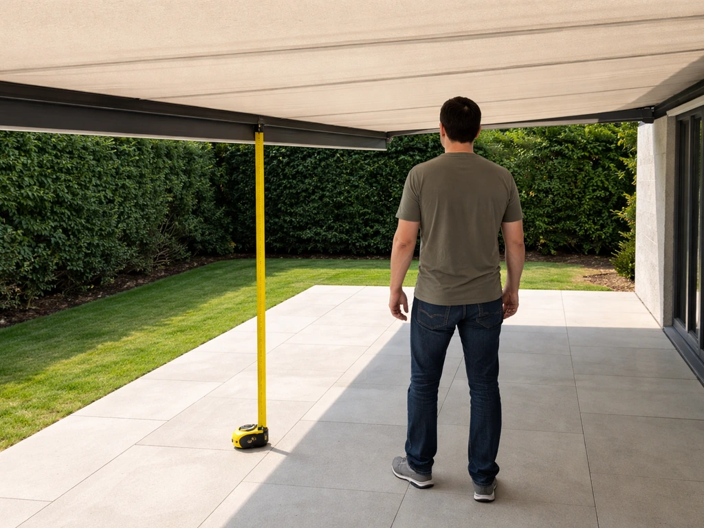 Patio awning front bar with a tape-measure and a person’s walking position for head-clearance check.