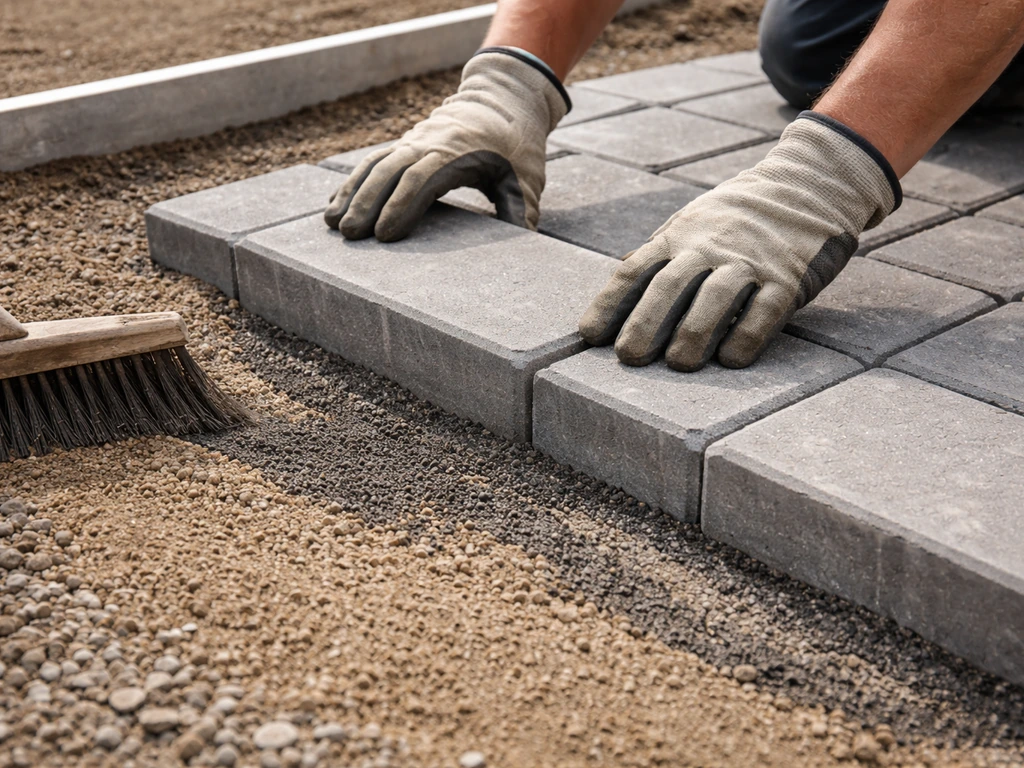 Close-up of workers laying concrete pavers, showing leveling base and jointing compound in a neat patio section.