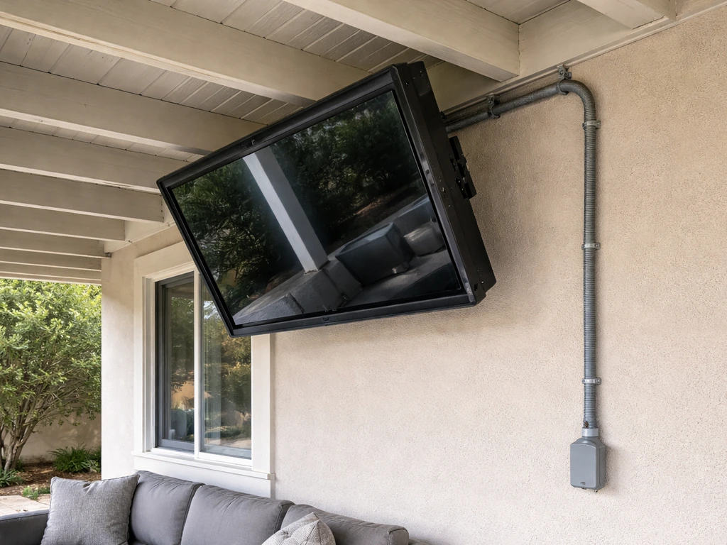 Outdoor patio TV in weatherproof housing mounted under an overhang with neat, weatherproof cabling.