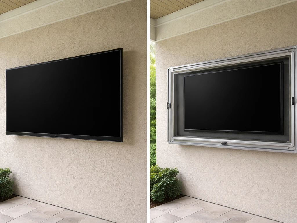 Outdoor-rated TV outdoors beside a standard TV inside a weatherproof enclosure.