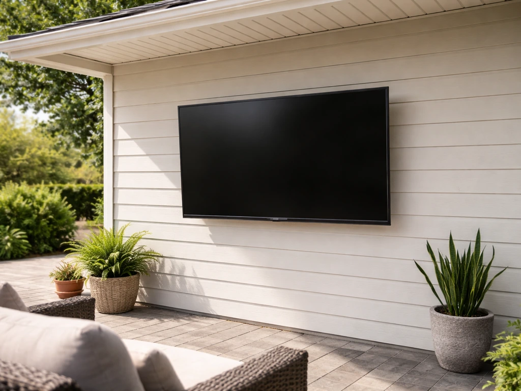 Outdoor TV mounted under a roof overhang, angled away from direct sun to reduce glare.