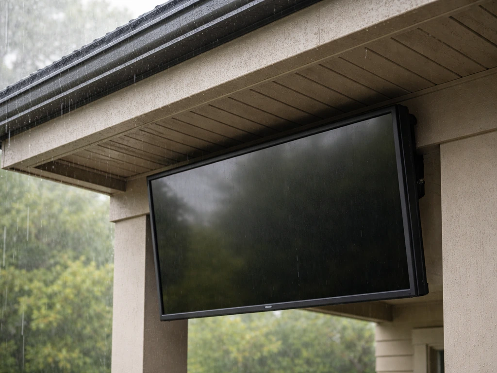 Patio TV mounted under an overhang, protected from rain and wind under drip-edge eaves.