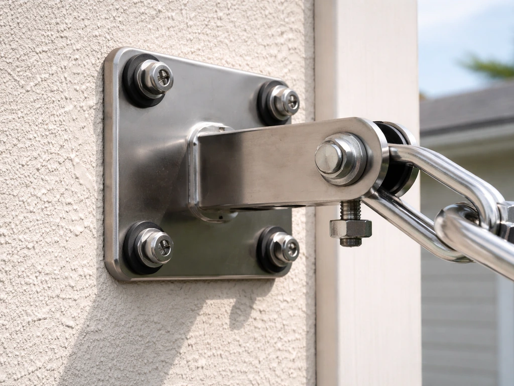 Marine-grade stainless outdoor mounting hardware secured to an exterior wall with clearance and weather protection.