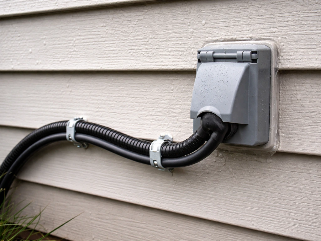 Outdoor cables routed in UV conduit with wet-location fittings and a weatherproof outlet box connection.