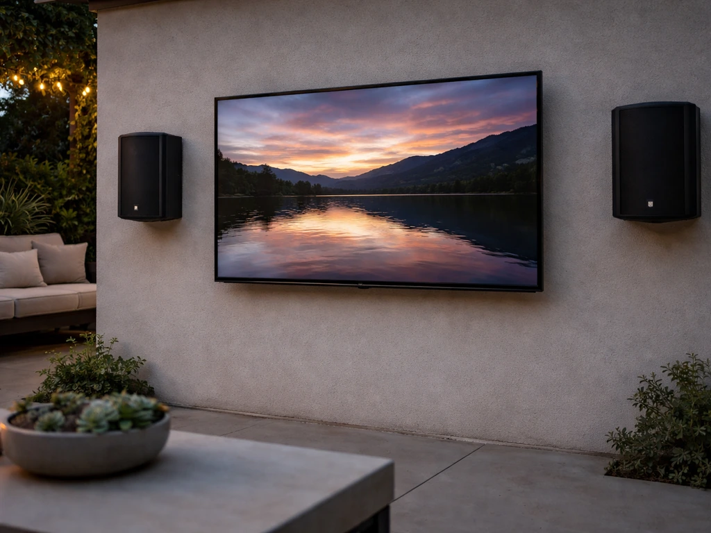 Two weatherproof outdoor speakers mounted on a patio wall near a TV at dusk.