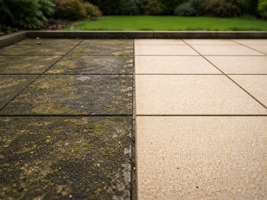 UK patio with dark algae and mould patches next to a noticeably cleaner section