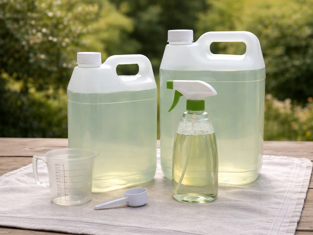 Unlabeled concentrate and ready-to-use garden cleaner bottles with a measuring jug on a tidy outdoor surface.
