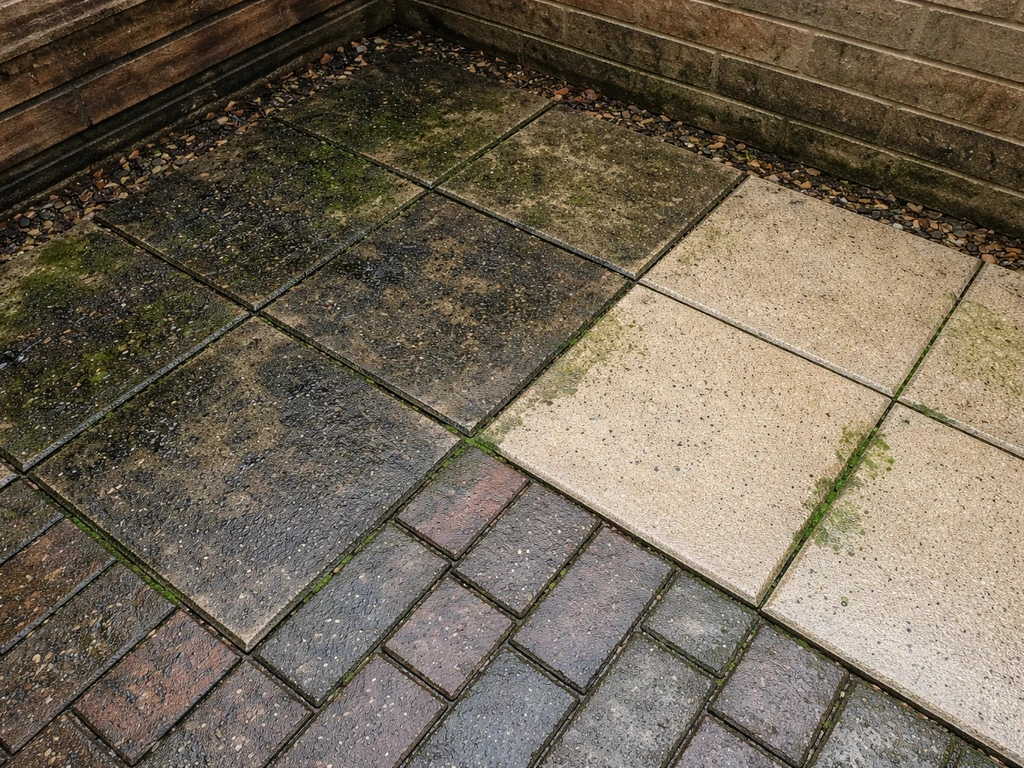 Outdoor patio on block paving and concrete, green algae and mould, with a cleaner treated section and a few lingering sp
