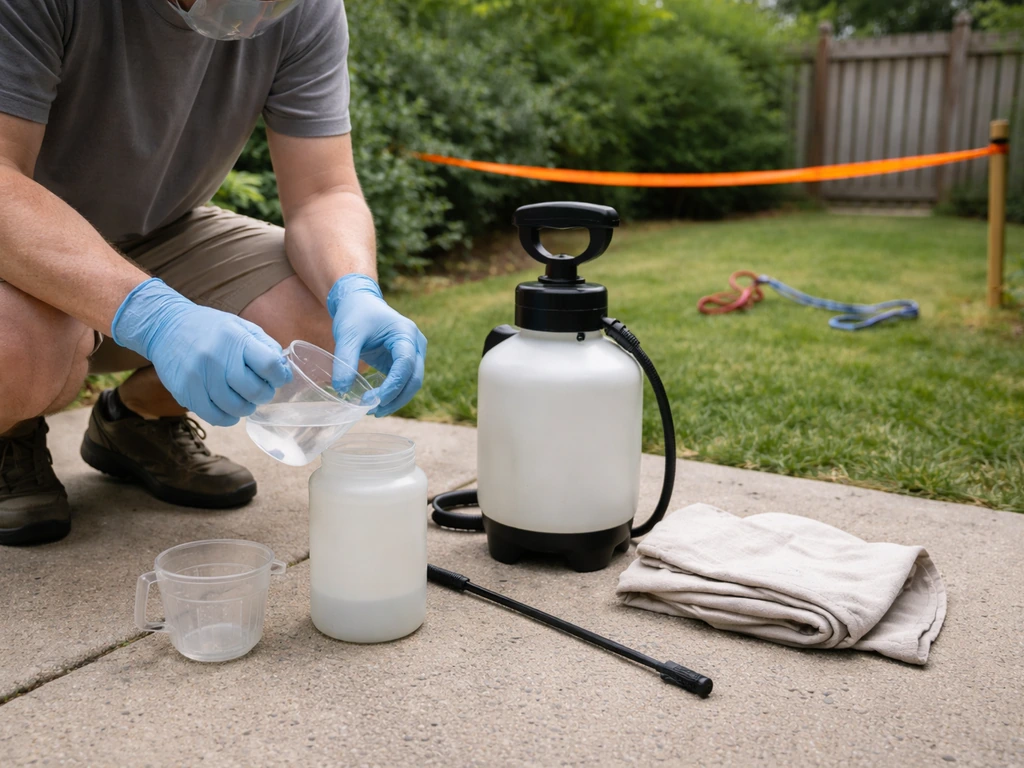 Person wearing PPE preparing a garden chemical sprayer with pets and kids kept out of the area