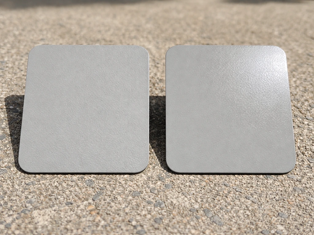 Matte and satin sheen paint samples side-by-side on concrete outdoors in natural light.