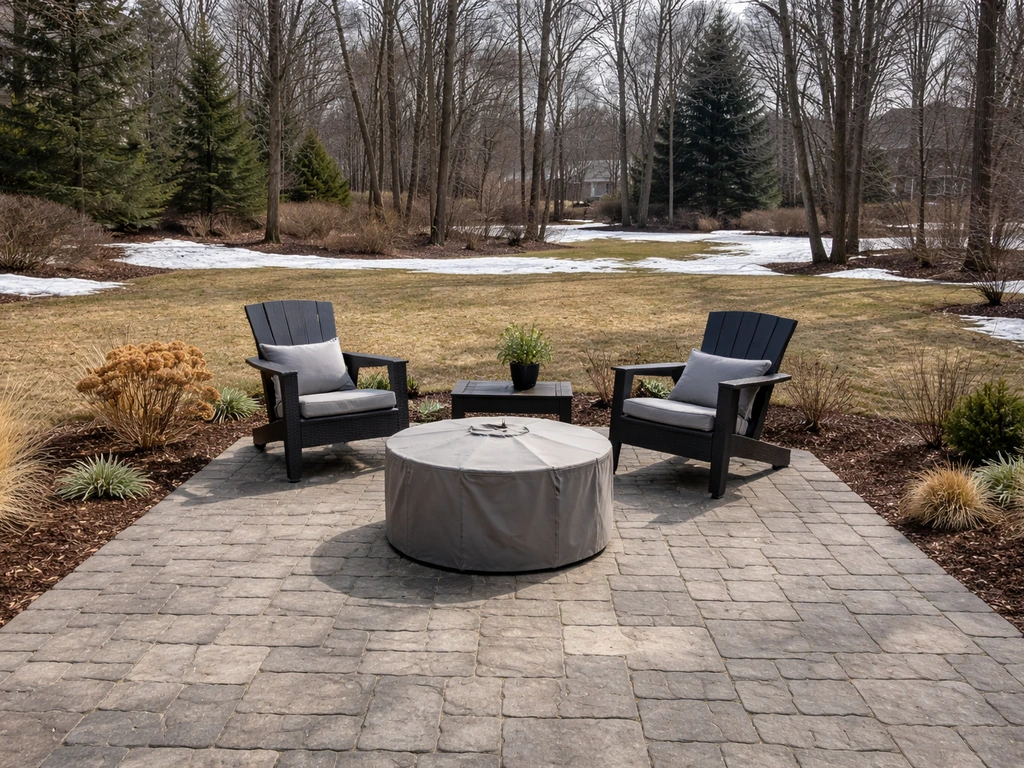 Minnesota backyard patio with stone pavers and seasonal snow patches at the yard edges.