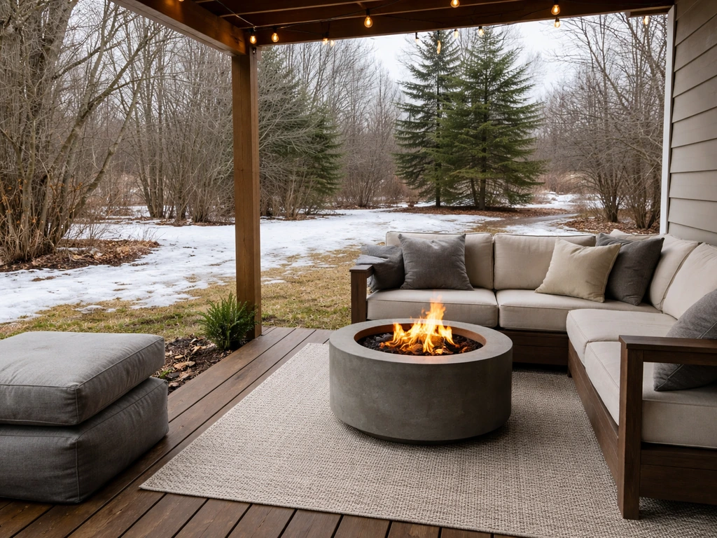 A cozy patio setup with fire pit, outdoor rug, and winter-ready covers against a snowy Minnesota backyard
