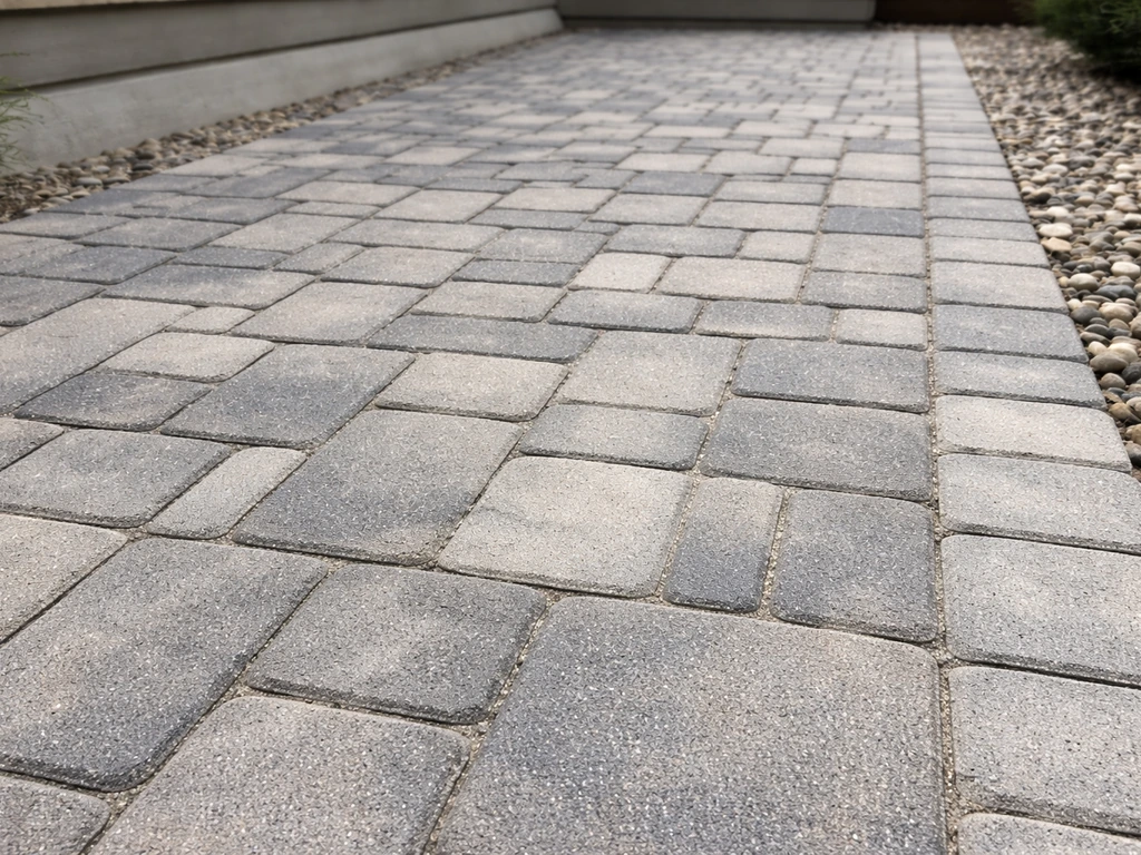 Concrete pavers installed in an interlocking pattern with visible joints on a leveled base