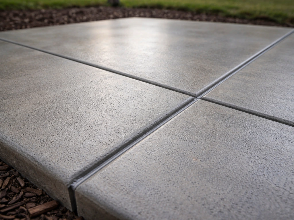 Close-up of a poured concrete patio with visible control joints and a freshly sealed surface outdoors.